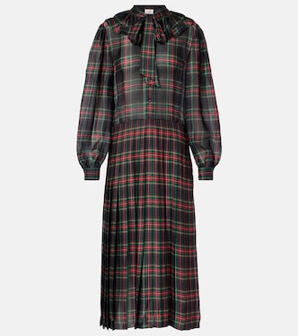格纹褶裥真丝素绉缎中长连衣裙 | Saint Laurent
